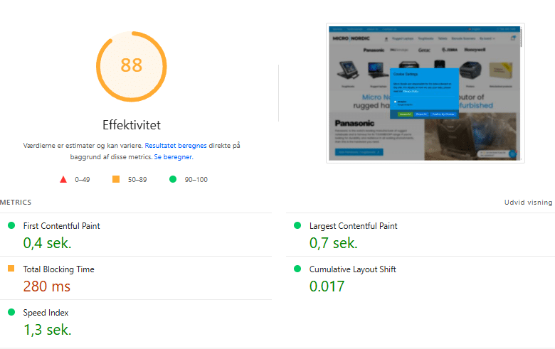 Pagespeed computer forside før