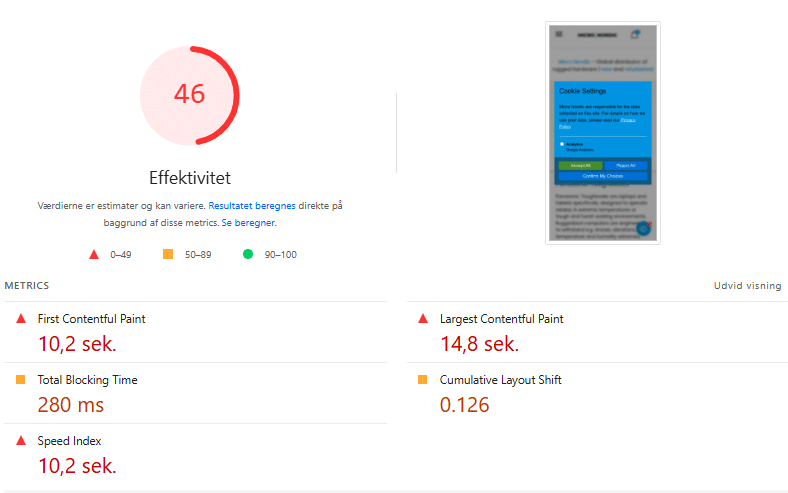 Pagespeed mobil forside før